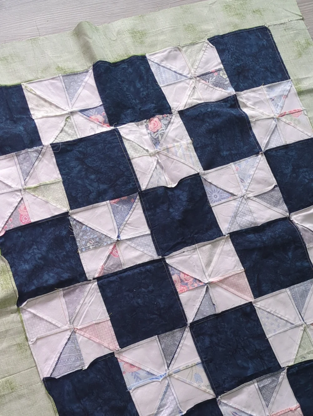 Handmade Unfinished Quilt Top UFO Blue Green Pinwheel Patchwork 41 x 35.5
